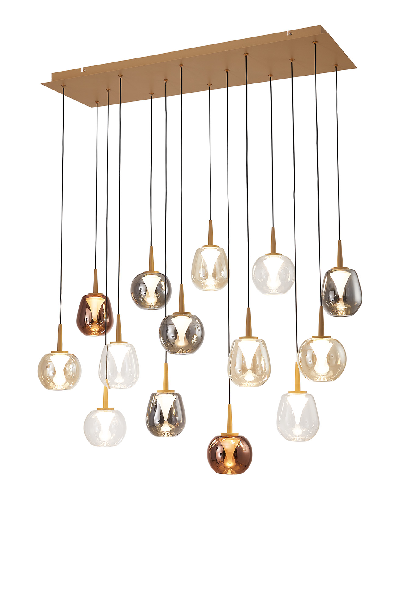 MK0011  Andromeda 102 x 33cm Rectangle Pendant, 14 x 5W LED, 3000K, 7050lm, Gold/Copper/Chrome/Amber/Clear/Frosted 3yrs Warranty